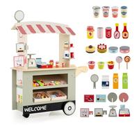 GOPLUS Chariot à Collations pour Enfants avec 30 Accessoires, Marchande en Bois avec Auvent, Stand de Supermarché avec Caisse Enregistreuse, Jeu d'Imitation Éducatif pour Garçons/Filles 3+ Ans (Vert)