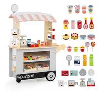 GOPLUS Chariot à Collations pour Enfants avec 30 Accessoires, Marchande en Bois avec Auvent, Stand de Supermarché avec Caisse Enregistreuse, Jeu d'Imitation Éducatif pour Garçons/Filles 3+ Ans (Gris)