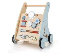 GOPLUS Chariot de Marche Bébé en Bois, Trotteur d'Activités Éducatives avec Blocs Interactifs, Rangement, Pousseur Bebe pour Motricité, Jouet Montessori pour Garçon Fille 3+Ans