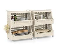 GOPLUS Chariot de Rangement Cuisine Empilable 3 4 5 6 Bacs, Petit Desserte Legumes Snacks à roulettes en PP, Poignées et Crochets, Gain de Place pour Buanderie, Salle de Bain (Beige,2 Bacs,2)
