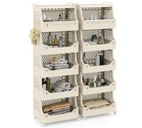 GOPLUS Chariot de Rangement Cuisine Empilable 3 4 5 6 Bacs, Petit Desserte Legumes Snacks à roulettes en PP, Poignées et Crochets, Gain de Place pour Buanderie, Salle de Bain (Beige,5 Bacs,2)