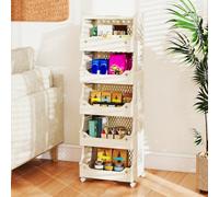 GOPLUS Chariot de Rangement Cuisine Empilable 3 4 5 6 Bacs, Petit Desserte Legumes Snacks à roulettes en PP, Poignées et Crochets, Gain de Place pour Buanderie, Salle de Bain (Beige,5 Bacs,1)