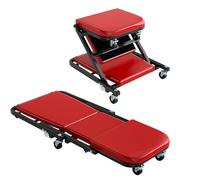 GOPLUS Chariot de Visite Pliable 2 en 1 Charge 150 KG, Tabouret Atelier 92 CM avec 6 roulettes Pivotantes à 360°, Chariot Mecanicien pour S'allonger ou S'asseoir, pour Atelier, Garage (Rouge)