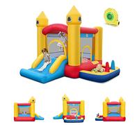 GOPLUS Château Gonflable 4-en-1 pour Enfants, Aire de Jeux Gonflable avec Souffleur 450 W, Toboggan, Piscine, Espace de Saut, Panier de Basket, Convient 2 Enfants de 90KG (4-en-1, Avec Souffleur 450W)