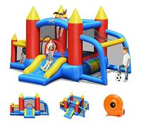 GOPLUS Château Gonflable, Aire de Jeux Gonflable pour Enfant avec Zone de Saut de Mur d'escalade et Toboggan pour Fête de l'eau d'été, Accueillir Jusqu'à 4 Enfants- 90KG (Ventilateur Inclus)