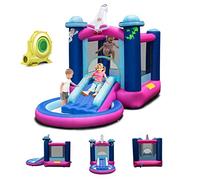 GOPLUS Château Gonflable Astre Vaisseau Spatial, Aire de Jeux Aquatique Gonflable avec Zone de Saut, Toboggan Piscine pour 3 Enfants de 3 à 10 Ans, Jusqu’à 135KG (avec Souffleur)