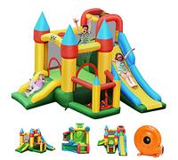GOPLUS Château Gonflable avec Souffleur, Aire de Jeux Gonflable avec Zone de Saut et Toboggan Doublepour Les Enfants de 3 à 10 Ans, Peut Accueillir Jusqu'à 4 Enfants 135KG(Ventilateur Inclus)