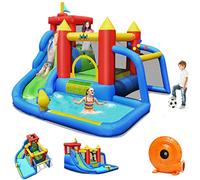 GOPLUS Château Gonflable avec Souffleur pour Enfants avec Toboggan, Espace de Saut, Structure Gonflable avec Sac de Transport,4 Piquets,1 Kit de Réparation pour Enfants 3-10 Ans,350x315x245CM