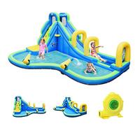 GOPLUS Château Gonflable en Tissu d’Oxford avec Toboggan et Pistolet à Eau,Aire de Jeux Aquatique avec Divertissements Multiples, Idéal pour Enfants 3-10Ans (avec Souffleur 680W)
