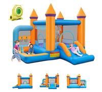 GOPLUS Château Gonflable Enfant avec Souffleur 680W, Aire de Jeux Gonflable avec Toboggan, Panier de Basket, Trampoline et Piscine,pour Intérieur/Extérieur pour Enfant 3+ Ans Jusqu’à 90KG