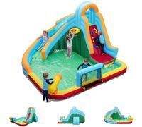 GOPLUS Chateau Gonflable Exterieur Enfant 3-12 Ans, Structure Gonflable avec Toboggan, Mur Escalade, Canon Eau, Panier Basket, But Football et Piscine Balles, Charge 90KG, sans Souffleur