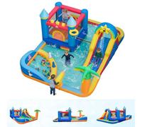 GOPLUS Château Gonflable Exterieur Plage, Toboggan Aquatique avec Piscine à Balles, Pistolet à Eau, Jeu de Lancer, pour Enfants 3 Ans+, sans Souffleur,Charge 90KG (Plage)