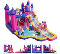 GOPLUS Château Gonflable Thème Princesse avec Toboggan, Trampoline, Panier de Basket, Parc Aquatique Extérieur, Aire de Jeux pour Enfants 3-12 Ans,Charge 90KG (sans Souffleur)