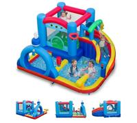 GOPLUS Chateau Gonflable Train, Structure Gonflable Jeux Exterieur Enfant avec Toboggan, Arc, Canon à Eau, Panier de Basket et Piscine à Balles, Adapté aux Enfants 3-12 Ans, Charge 90KG (Train)