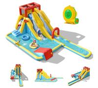GOPLUS Château Gonflable XXL Extérieur Aquatique avec Souffleur avec Piscine,Pistolet d’Eau Toboggan Aquatique pour Enfants 3-10 Ans(Slide, avec Gonfleur 680W)