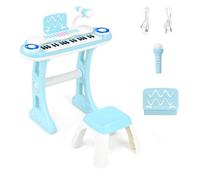 GOPLUS Clavier de Piano à 37 Touches pour Enfant, Piano Numérique Enfant avec Tabouret, Microphone, 8 Sons, Pupitre, Lumières, Jouet Piano Électronique pour Garçon Fille, Bleu