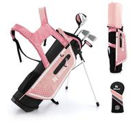 GOPLUS Clubs de Golf pour Enfants, Fairway #3, Fers #7, Fer #S et Putter, Sac Trépied avec Capuche Anti-Pluie, pour Garçons et Filles âgés de 5-7/8-10/11-13 Ans(Rose,8-10 Ans)