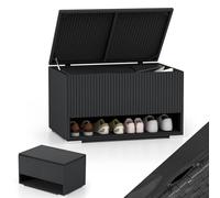 GOPLUS Coffre de Jardin Exterieur 186 L, Banc Armoire en Rotin Inité avec Étagère à Chaussures, Revêtement de Protection, Outils de Jardinage, 95 x 60 x 58 CM (Noir)