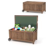 GOPLUS Coffre de Jardin Exterieur 213 L en Bois de Sapin, Boîte de Rangement Extérieur avec Doublure PE Imperméable Amovible, Roues, Poignée,Conteneur pour Balcon Charge 50KG,114x58,5x51CM
