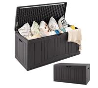 GOPLUS Coffre de Jardin Extérieur 300L, Coffre de Rangement Etanche avec Couvercle Verrouillable, Double Levier, pour Outils Jardinage, Coussins, Charge 150KG, 114 x 55 x 60,5 CM (Marron)