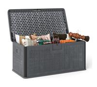 GOPLUS Coffre de Jardin Exterieur Etanche 378L,Coffre Exterieur Etanche HDPE Verrouillable Vérin à Gaz, Poignée, Banc 2 Personnes,Charge 200KG pour Balcon Piscine (Gris,130x64x59CM|378L)