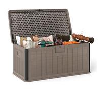 GOPLUS Coffre de Jardin Exterieur Etanche 378L,Coffre Exterieur Etanche HDPE Verrouillable Vérin à Gaz, Poignée, Banc 2 Personnes,Charge 200KG pour Balcon Piscine (Maron+Noir,130x64x59CM|378L)