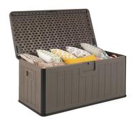 GOPLUS Coffre de Jardin Exterieur Etanche 378L,Coffre Exterieur Etanche HDPE Verrouillable Vérin à Gaz, Poignée, Banc 2 Personnes,Charge 200KG pour Balcon Piscine (Marron,130x64x59CM|378L)