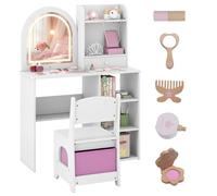 GOPLUS Coiffeuse Enfant Fille 2 en 1 avec Miroir Éclairé 3 Couleurs, Chaise & Tiroir Tissu, Étagères Ouvertes, Jouets Coiffeur, Bureau Enfant Fille à Style Princesse, Charge 20+50 KG, 3 Ans+ (Blanc)