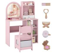 GOPLUS Coiffeuse Enfant Fille 2 en 1 avec Miroir Éclairé 3 Couleurs, Chaise & Tiroir Tissu, Étagères Ouvertes, Jouets Coiffeur, Bureau Enfant Fille à Style Princesse, Charge 20+50 KG, 3 Ans+ (Rose)