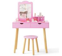 GOPLUS Coiffeuse Enfant Fille 3-7 Ans, 2 en 1 Coiffeuse en Bois avec Miroir Amovible avec Tabouret, Table de Maquillage et Bureau avec 2 Tiroirs, Étagère de Rangement (Rose Clair)