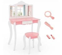 GOPLUS Coiffeuse Enfant Fille avec Chaise, 2 en 1 Bureau Enfant et Coiffeuse avec Miroir Pliable en 3 Parties, Plateau Amovible, Tiroir de Rangement, pour 3 à 7 Ans