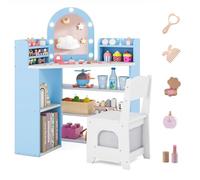 GOPLUS Coiffeuse Enfant Fille avec Chaise, Coiffeuse Princesse avec Miroir Lumineux, Étagères Ouvertes & Tiroirs, 2 en 1 Table de Maquillage Bureau Enfant pour 3 + Ans