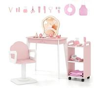 GOPLUS Coiffeuse Enfant Fille avec Chaise Pivotant et Miroir LED, Bureau Enfant avec Étagère de Rangement à roulettes, 35 Pièces Accessoires, pour Enfant 3-7 Ans