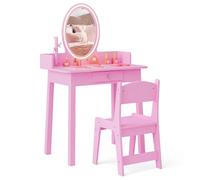 GOPLUS Coiffeuse Enfant Fille avec Lumière LED Bicolore, Table de Maquillage avec Chaise, Tiroir, Miroir Ovale, Organisateur de Bijoux en Forme d'arbre, Coiffeuse Enfant pour Fille 3-8 Ans (Rose)