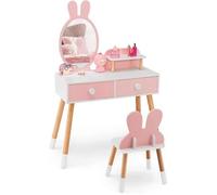 GOPLUS Coiffeuse pour Enfants avec Tabouret et Miroir en Forme d'oreilles de Lapin,Style Princesse 2 en 1 avec Tiroirs Doubles