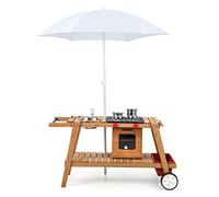 GOPLUS Cuisine d'Extérieur Evolutive en Bois avec Roues, Chariot de Cuisine d'Extérieur Enfants, Parasol, Four, Boîte de Rangement Amovible, Accessoires Inclus, Table Picnic pour Enfant 3+ Ans, Blanc