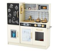 GOPLUS Cuisine en Bois Enfant avec Effet Sonore, Jouet de Cuisine Enfantavec Tableau Noir et 6 Compartiments de Rangement, Télephone, Accessoires Riches, pour Garçon Filles 3-6 Ans (Crème)