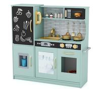 GOPLUS Cuisine en Bois Enfant avec Effet Sonore, Jouet de Cuisine Enfantavec Tableau Noir et 6 Compartiments de Rangement, Télephone, Accessoires Riches, pour Garçon Filles 3-6 Ans (Menthe)