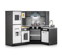 GOPLUS Cuisine en Bois Enfant avec Effets Lumineux et Sonores, Cuisine d’Angle avec Tableau Noir, Hotte, Micro-Ondes, Four, Accessoires Riches, pour Enfant 3+ Ans (Marron)
