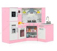 GOPLUS Cuisine en Bois Enfant, Cuisine d'angle avec Tableau Noir, Hotte, Micro-Ondes, Four, Effets Lumineux et Sonores, Accessoires Riches, Jouet d'Imitation pour Enfant 3+ Ans (Rose)