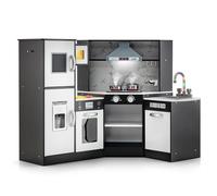 GOPLUS Cuisine en Bois Enfant, Cuisine d'angle avec Tableau Noir, Hotte, Micro-Ondes, Four, Effets Lumineux et Sonores, Accessoires Riches, Jouet d'Imitation pour Enfant 3+ Ans (Café)