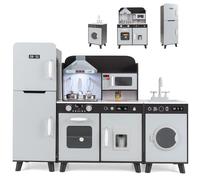 GOPLUS Cuisine en Bois Enfant, Jouet de Cuisine d'angle avec Effect Sonore et Lumières, Réfrigérateur, Machine à Laver, Hotte, Micro-Ondes, Rangement, Cuisine Modulaire de Jeu pour 3+ Ans (Brun)