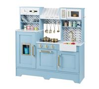 GOPLUS Cuisine Enfant à 2 Plateformes, Cuisine en Bois Enfant avec Machine à Café, Micro-Ondes, Hotte Aspirante, Machine à Glaçons, Robinet, Ustensiles, Horloge, Cuisinière et Four, 3+ Ans