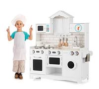 GOPLUS Cuisine Enfant avec Effet Lumière & Sonore, Jouet de Cuisine en Forme de Maison avec Rangement, Évier, Cuisinière, Four, Micro-Ondes, Horloge, Machine à Laver, Jeu d'Imitation pour 3+ Ans