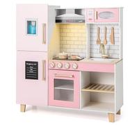 GOPLUS Cuisine Enfant avec Lumières et Sons Réalistes, Cuisine de Jeu avec Hotte, Cuisinière, Tableau Noir, Distributeur d'eau, Four, Evier et Robinet, Jouet d'Imitation pour 3+ Ans (Rose)