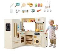 GOPLUS Cuisine Enfant d'angle à Lumière & Son, Cuisine Jouet avec Réfrigérateur, Four, Micro-Ondes, Lave-Linge, Glacière, Poubelle, Tableau Noir et 22 Accessoires, pour Enfants 3+ Ans