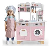 GOPLUS Cuisine Enfant en Bois avec Sonore, Jouet de Cuisine Rose avec Moulin à Café, Machine à Laver, Accessoires Mignons, pour Garçons Filles 3+ Ans, 70x30x88cm