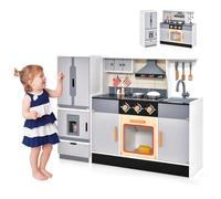 GOPLUS Cuisine Enfant en Bois, Jeu de Cuisine Réaliste 2 Pièces avec Sons et Lumières, Réfrigérateur Amovible, Machine à Glaçons, Ustensiles de Cuisine, Cuisinière pour Enfants 3+ Ans