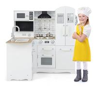 GOPLUS Cuisine Enfant en Bois, Jouet de Cuisine avec Réfrigérateur, Évier, Micro-Ondes, Cuisinière, Lave-Vaisselle, Téléphone, Poêle, Casserole, Ustensiles de Cuisine, Cadeau pour Enfant 3+ Ans