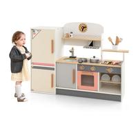GOPLUS Cuisine Enfant en Bois, Jouet de Cuisine Réaliste avec Sons et Lumières, 16 Accessoires, Horloge, Réfrigérateur, Ustensiles de Cuisine, Rangement, Cadeaux pour Garçons et Filles 3+ Ans
